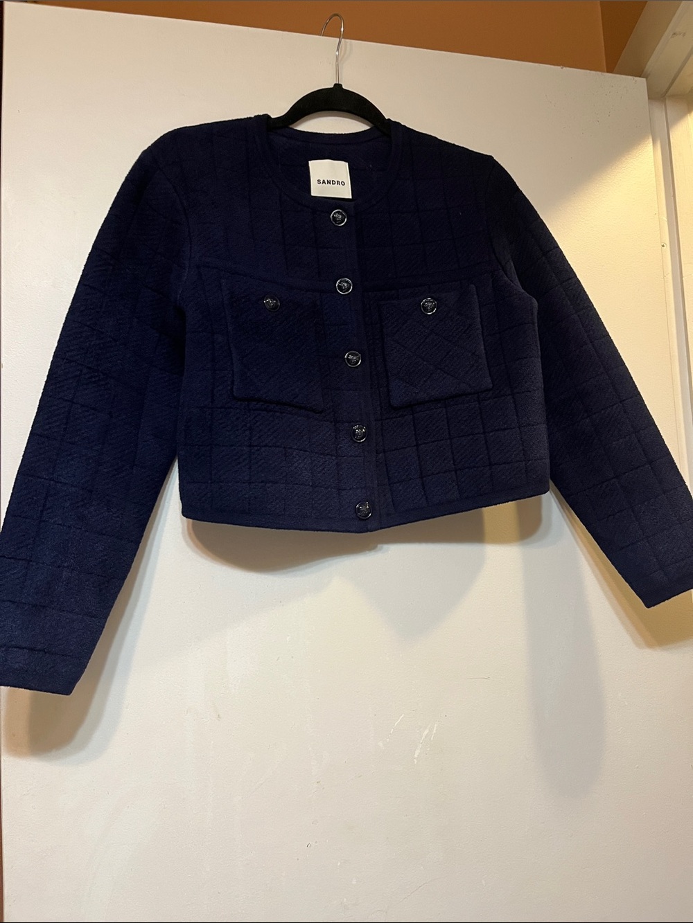 Sandro Dark Navy Quilted Cropped Boxy Jacket